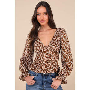Lulus Autumn Blossom Brown Floral Button-front Long Sleeve Top - Size XS